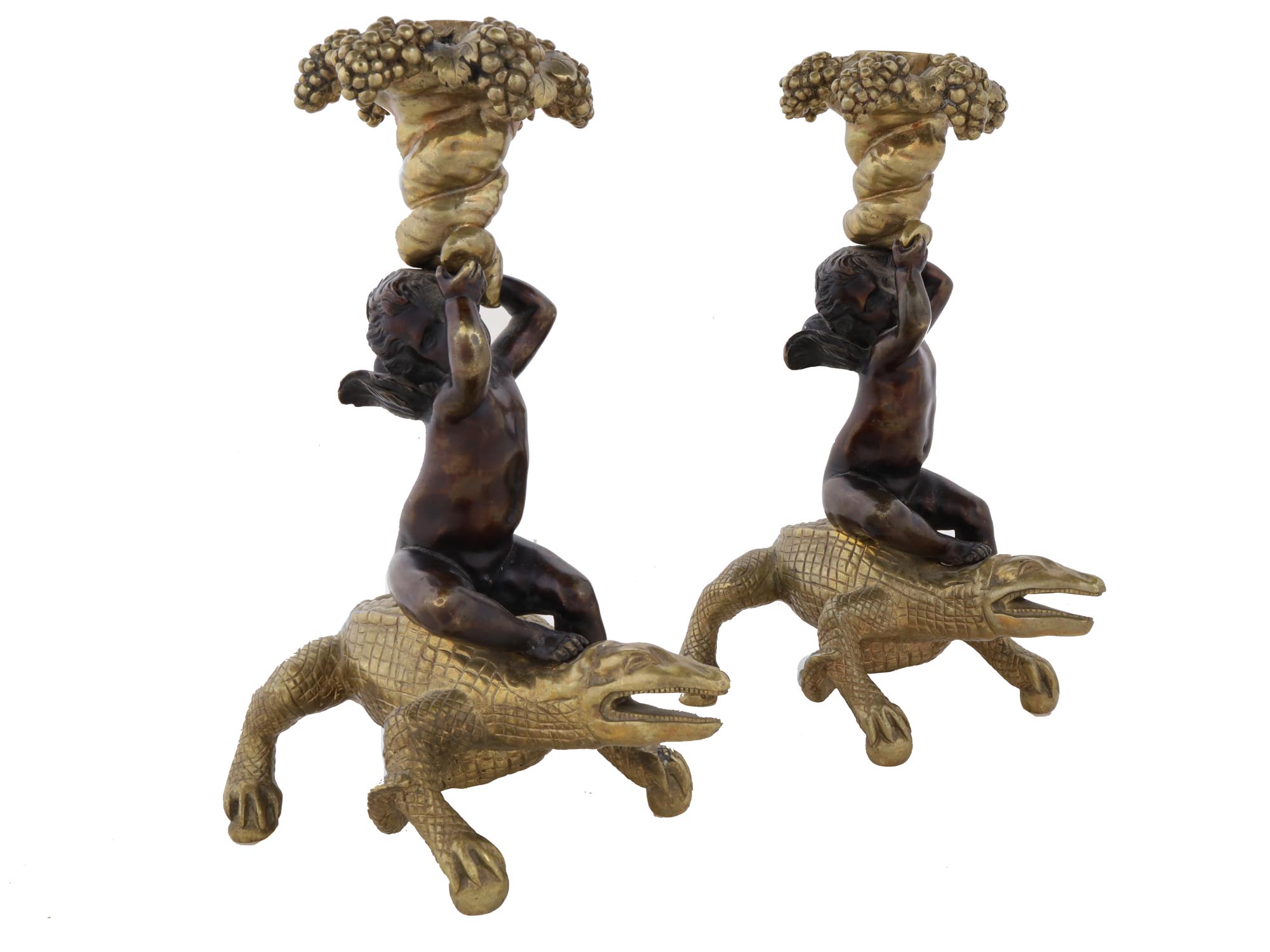 PAIR OF CROCODILE AND CUPID CANDLESTICKS C. 1810 PIC-0
